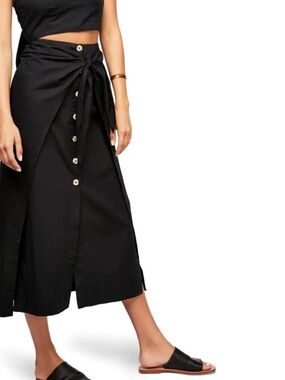Free People Button Front Sarong Belted Wrap Midi Skirt Black